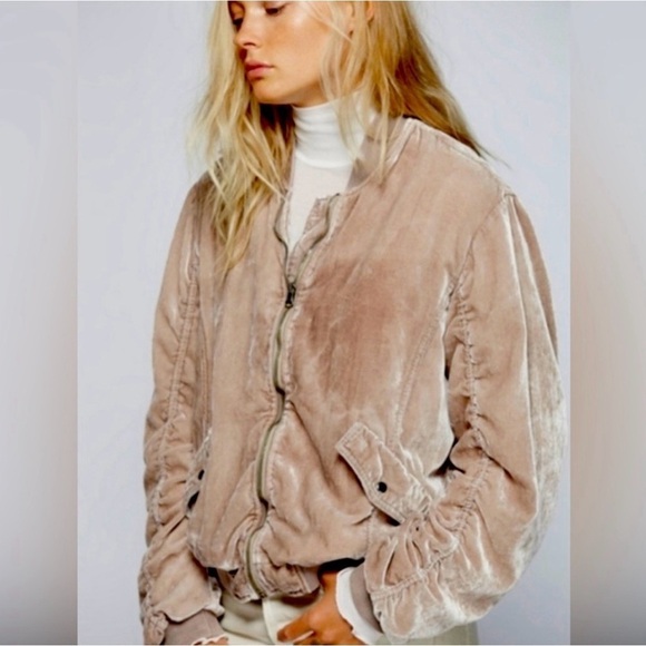 Free People Crushed Velvet Jacket Bomber Jacket Ruched Beige Tan Taupe XS - Picture 2 of 16
